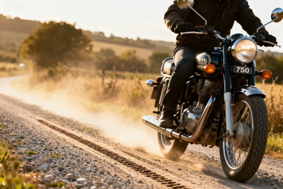 Motard sur une route de campagne en moto classique, poussière soulevée, lumière du soir.