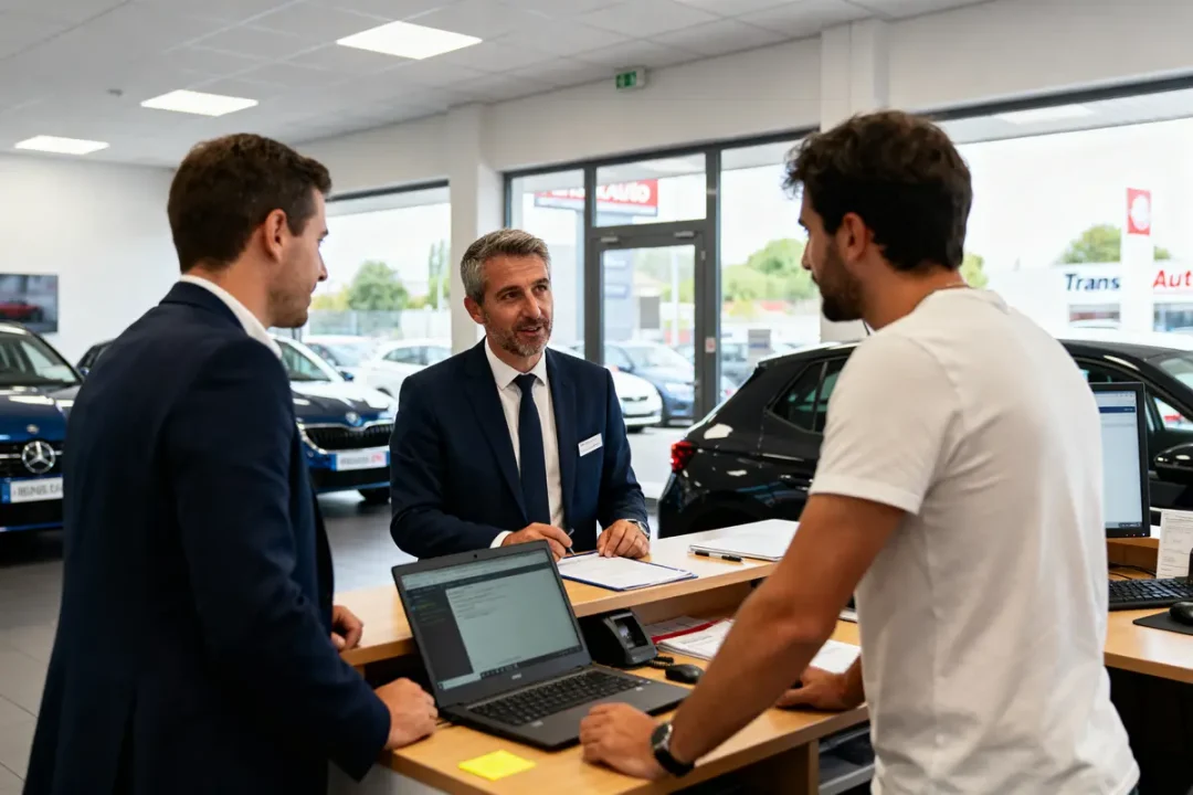 Trois hommes discutent dans une concession automobile, autour d'un bureau avec ordinateurs portables, voitures en arrière-plan.