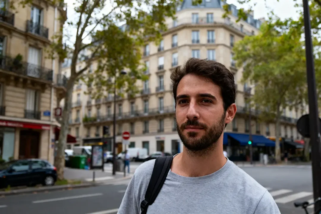 Un homme barbu avec sac à dos dans une rue parisienne, immeubles haussmanniens en arrière-plan.