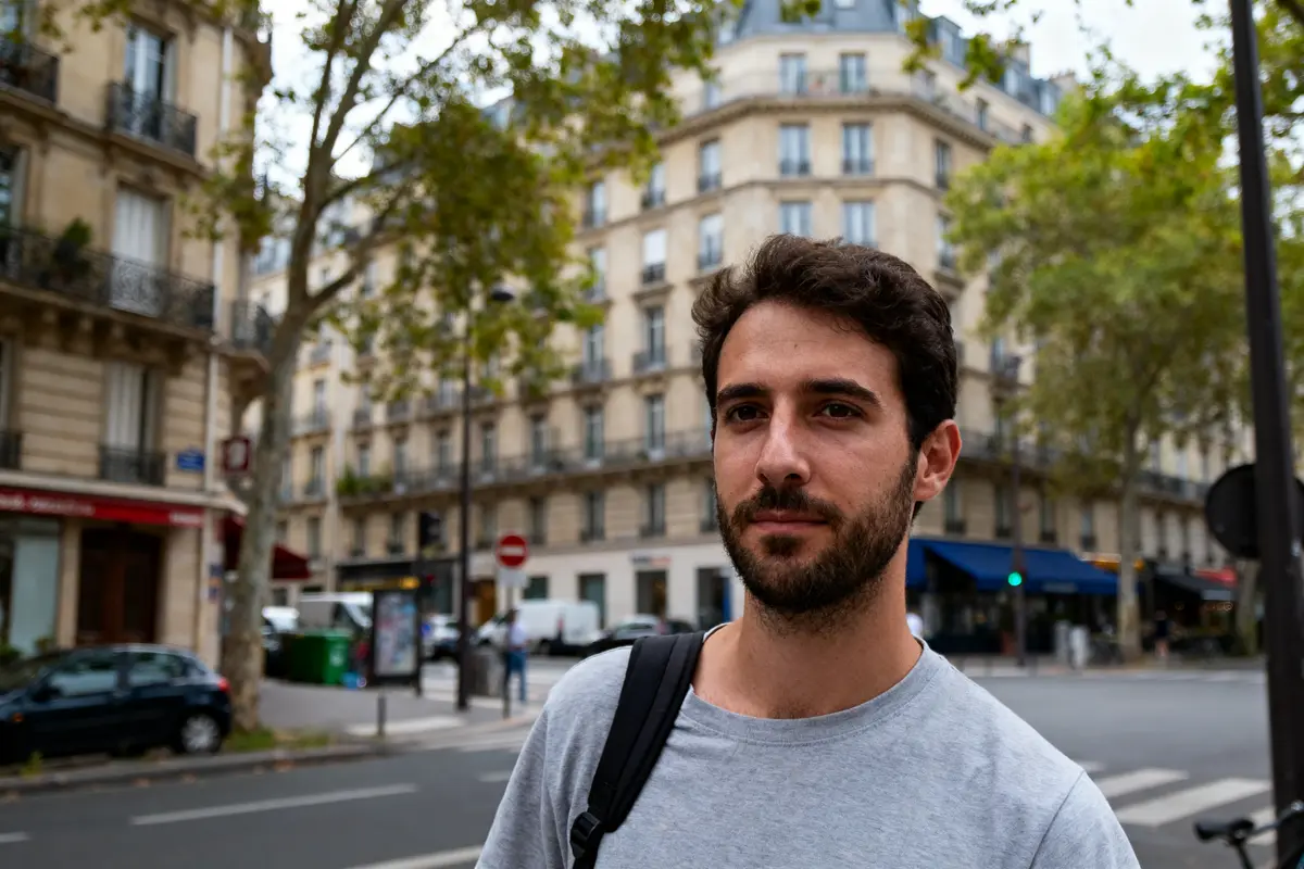 Un homme barbu avec sac à dos dans une rue parisienne, immeubles haussmanniens en arrière-plan.