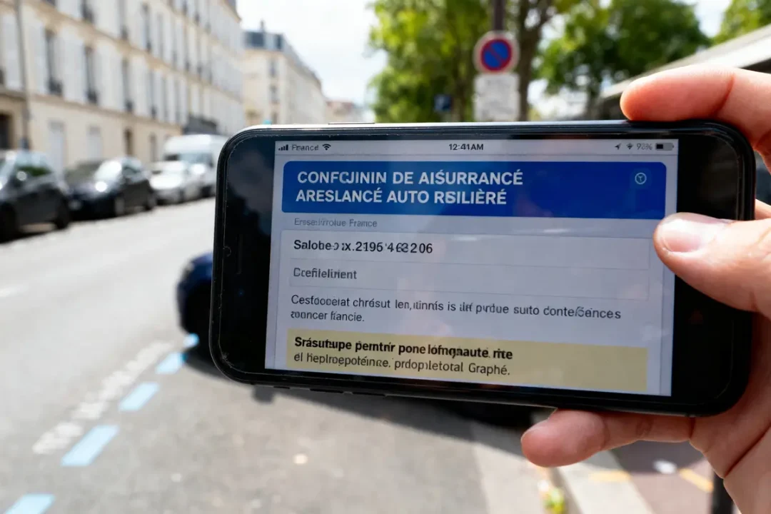 Main tenant un smartphone avec texte flou en gros plan, rue et voitures en arrière-plan.