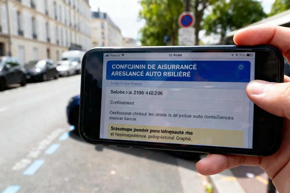 Main tenant un smartphone avec texte flou en gros plan, rue et voitures en arrière-plan.