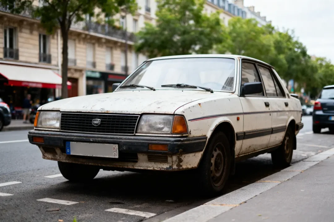 Vieille voiture blanche avec saletés, garée dans une rue urbaine avec immeubles et arbres en arrière-plan.