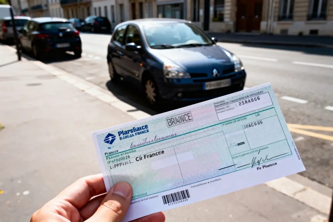 Un homme tient une ordonnance devant une voiture garée dans une rue urbaine.