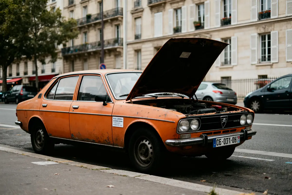 Voiture orange ancienne avec capot ouvert, stationnée en ville devant immeuble résidentiel. Plaque française visible.
