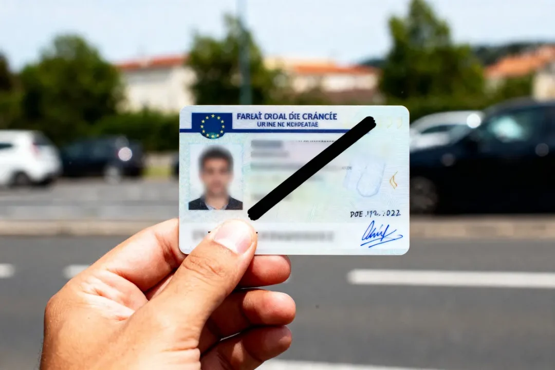 Une personne tient une carte d'identité européenne floutée devant une route et des voitures garées.