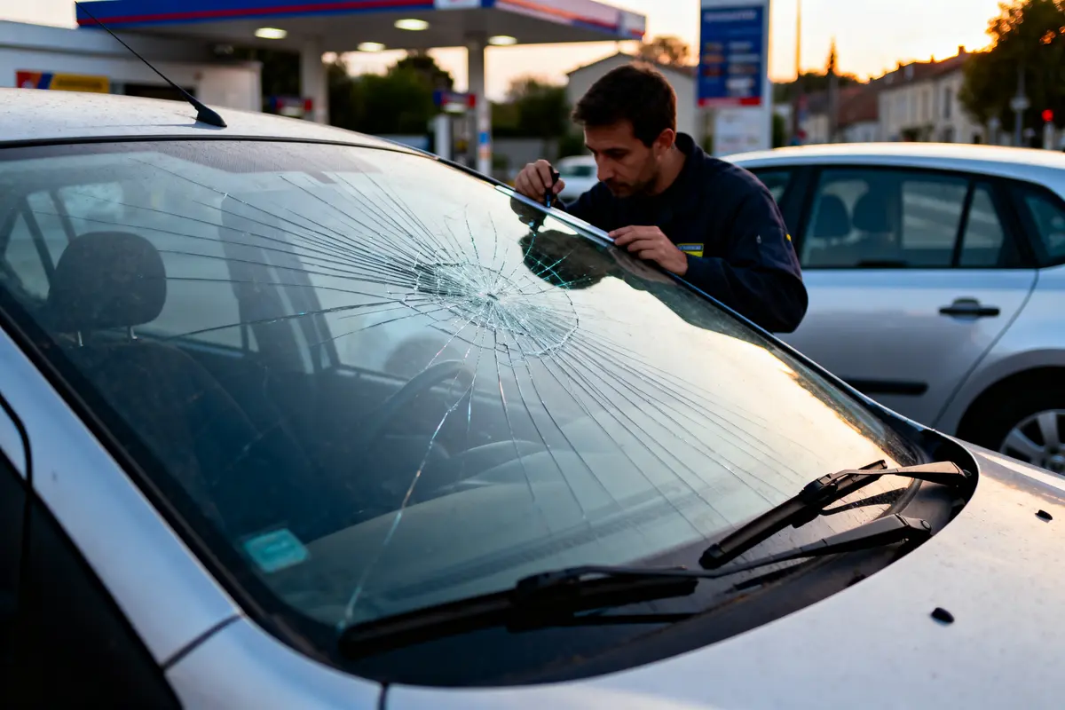 Homme examine pare-brise fissuré d'une voiture, station-service en arrière-plan, au coucher du soleil.