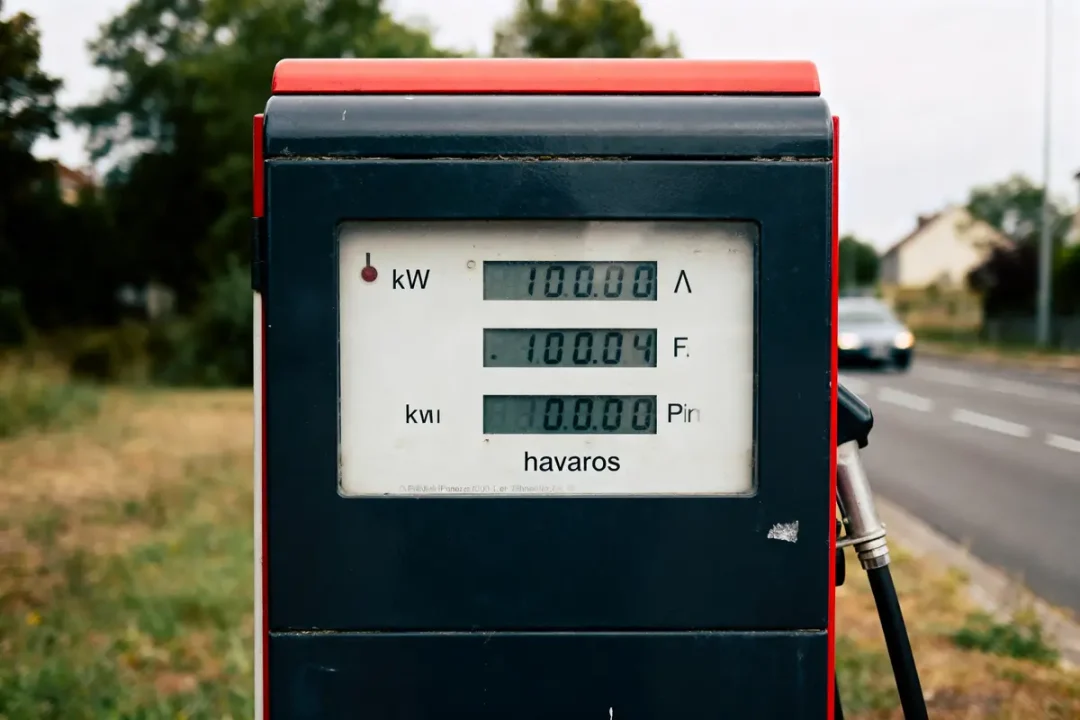 Borne de recharge électrique sur le bord de la route, affichant des mesures en kilowatts.