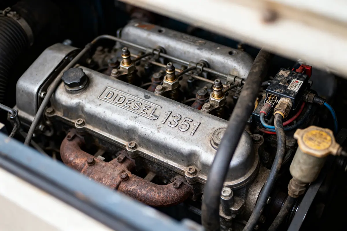 Moteur diesel avec l'inscription "DIESEL 1351", tubulures visibles, câblage et composants mécaniques adjacents.