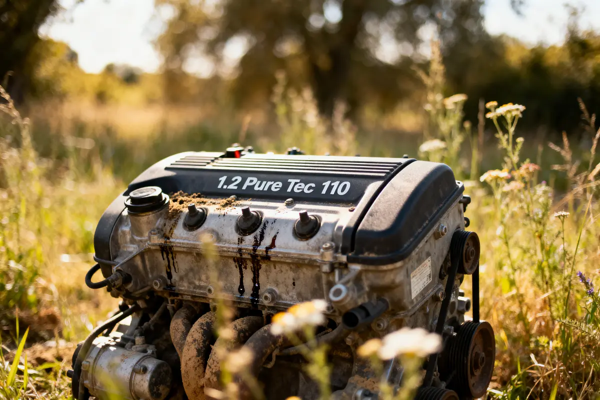 Moteur de voiture "1.2 Pure Tec 110" dans un champ, sur fond flou de végétation et lumière naturelle.