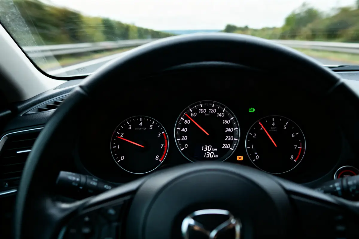 Tableau de bord de voiture, vitesse 130 km/h, sur autoroute, vue depuis le volant.