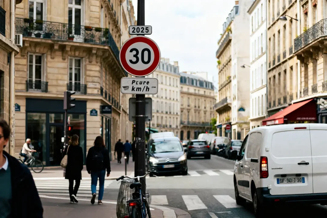 Rue urbaine avec panneau de limitation à 30 km/h, vélos, piétons, voitures et bâtiments classiques parisiens.