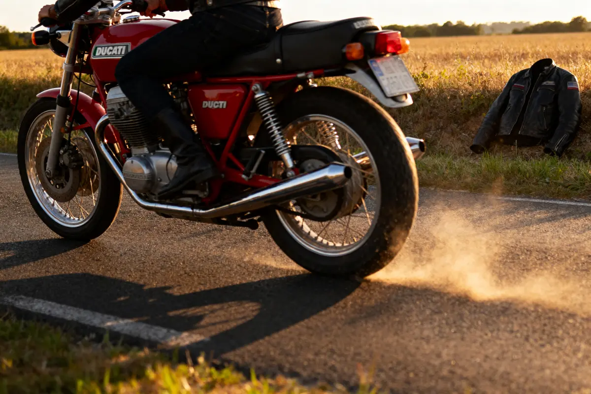 Motard sur Ducati rouge accélérant sur route, poussière soulevée. Veste moto posée dans champ à droite.