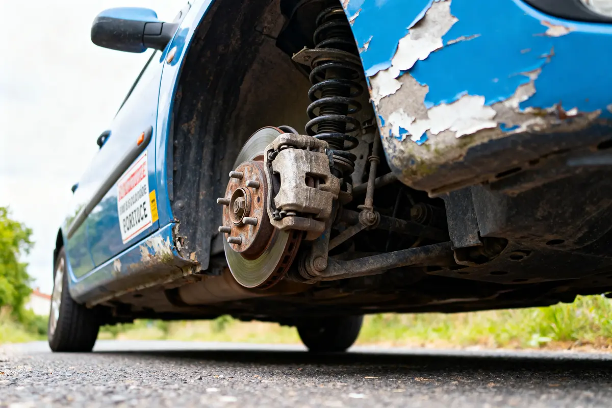 Voiture bleue à carrosserie abîmée, roue avant gauche sans pneu, disque de frein et amortisseur visibles.