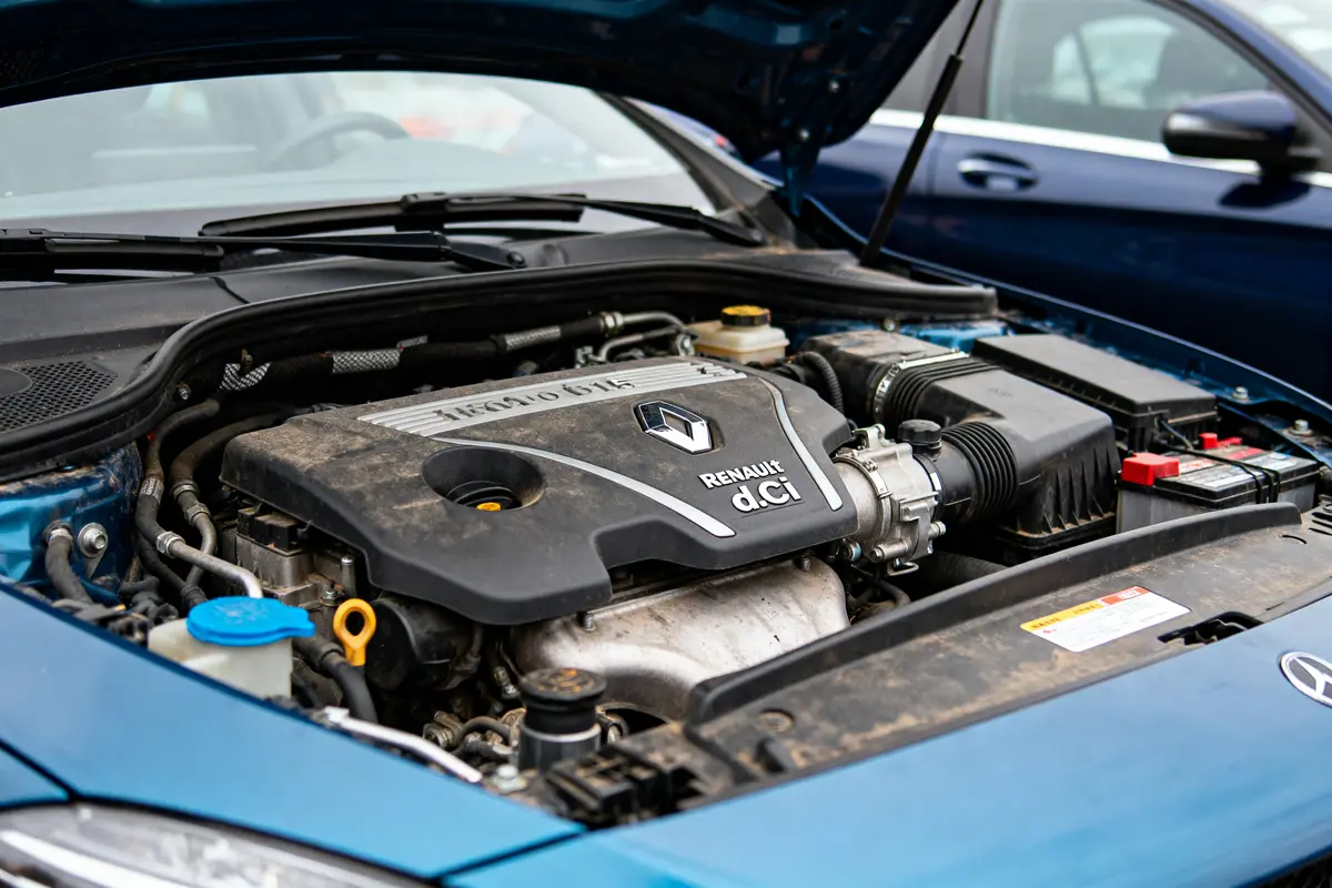 Moteur d'une voiture Renault avec couvercle moteur dCi visible sous capot levé.