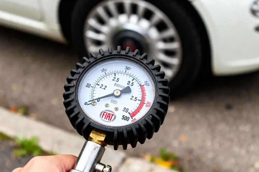 Manomètre Fiat mesurant la pression d'un pneu devant une voiture blanche sur la route.