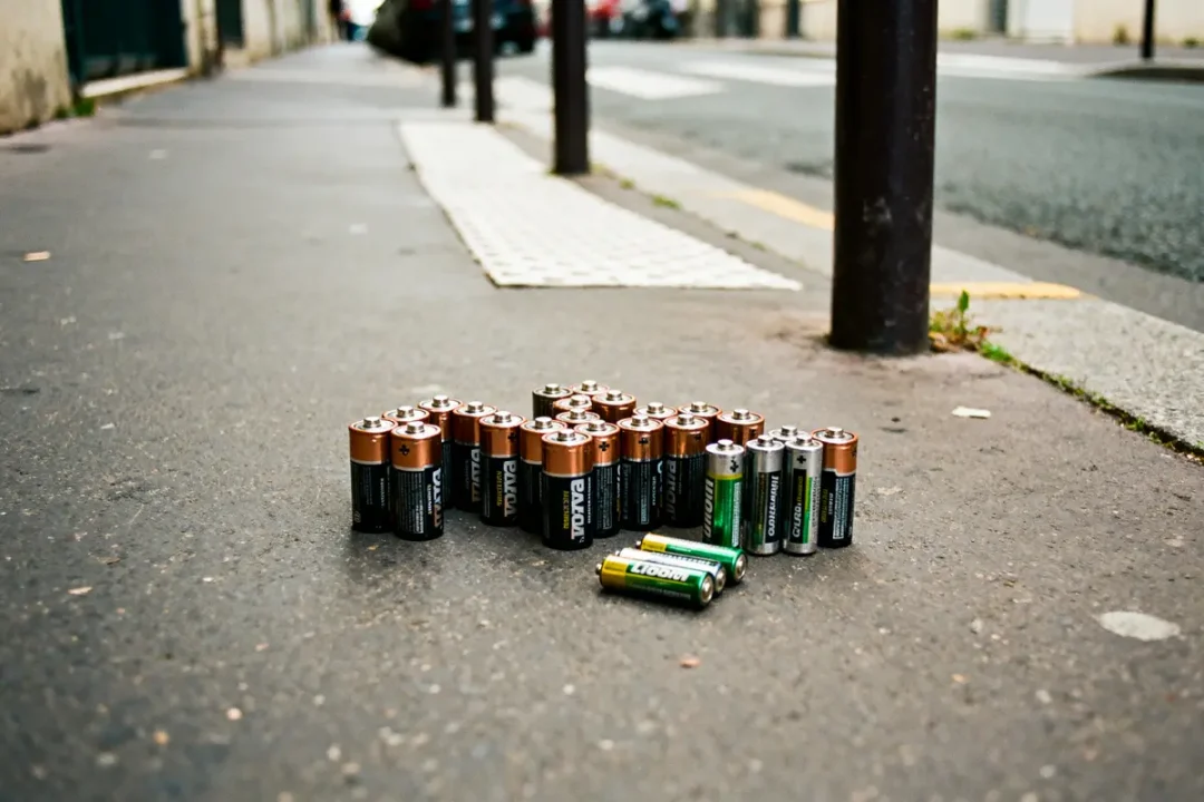 Batteries disposées sur un trottoir urbain, avec un poteau et la rue en arrière-plan flou.