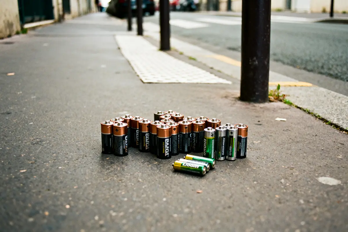 Batteries disposées sur un trottoir urbain, avec un poteau et la rue en arrière-plan flou.