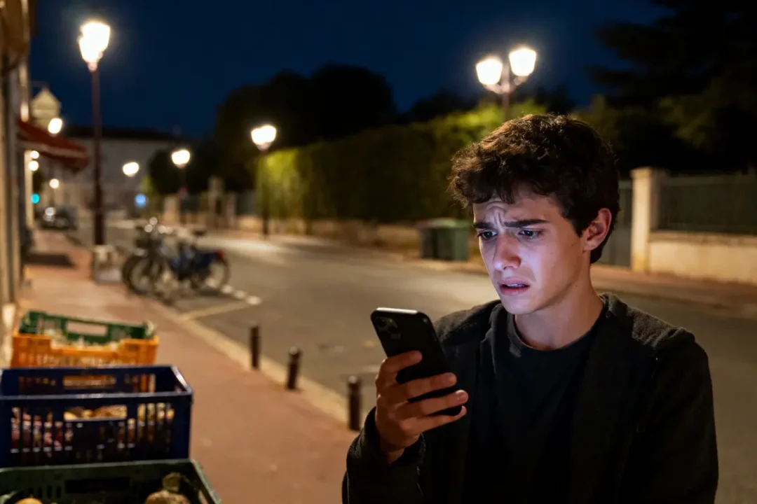 Jeune homme angoissé regarde son téléphone, rue éclairée la nuit avec lampadaires, vélos, caisses.