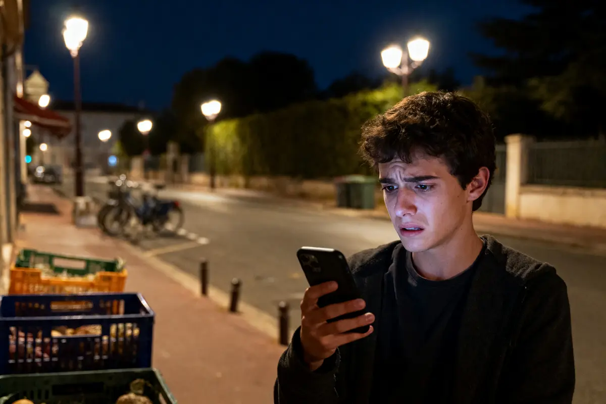 Jeune homme angoissé regarde son téléphone, rue éclairée la nuit avec lampadaires, vélos, caisses.