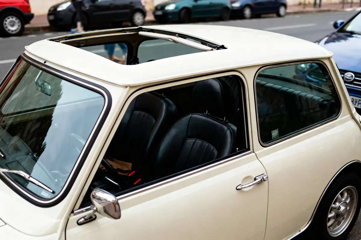 Petite voiture blanche avec toit ouvrant sur rue, intérieur noir, voitures en arrière-plan.