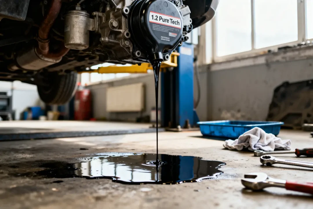 Huile moteur noire s'écoulant sous une voiture dans un garage, avec des outils au sol.