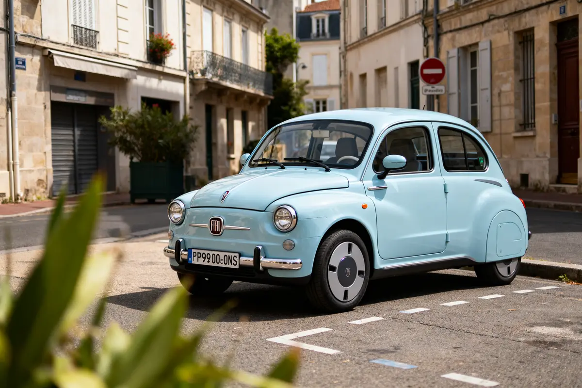 Petite voiture rétro bleue garée dans une rue calme avec bâtiments anciens en arrière-plan, végétation au premier plan.