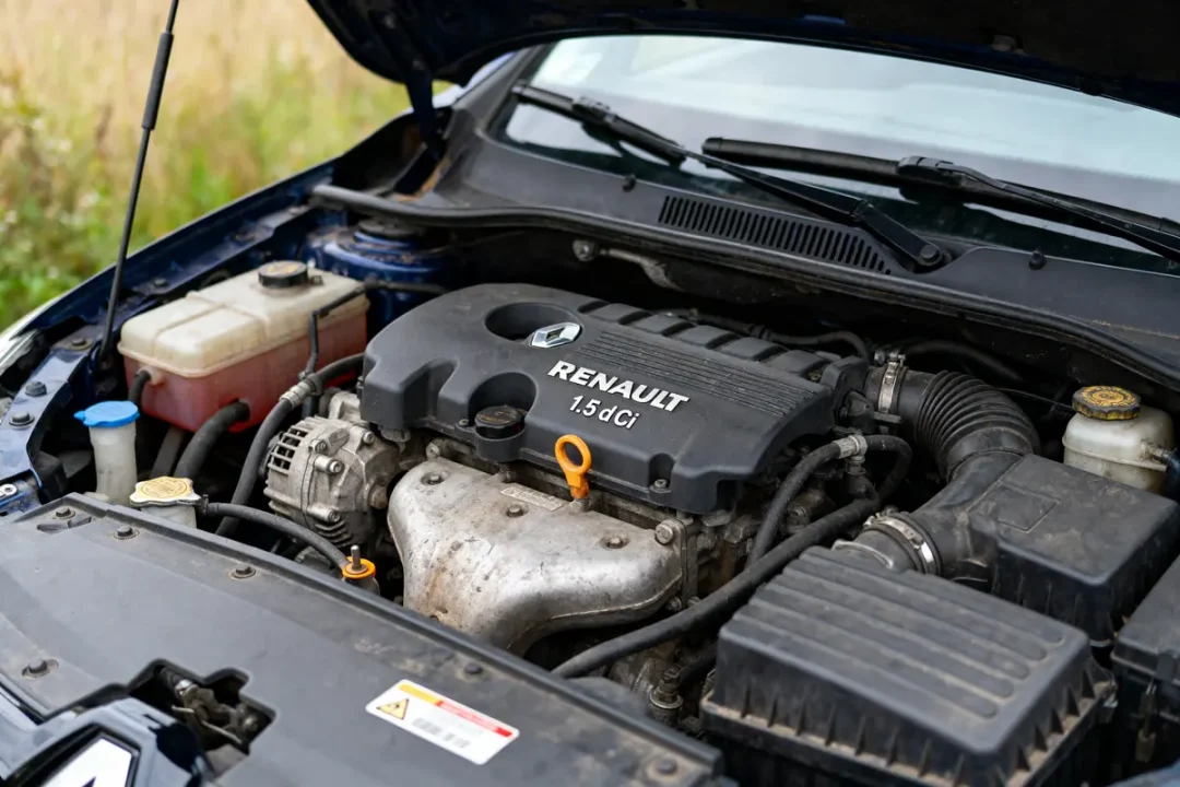 Moteur de voiture Renault 1.5 dCi, capot ouvert, composants mécaniques visibles.