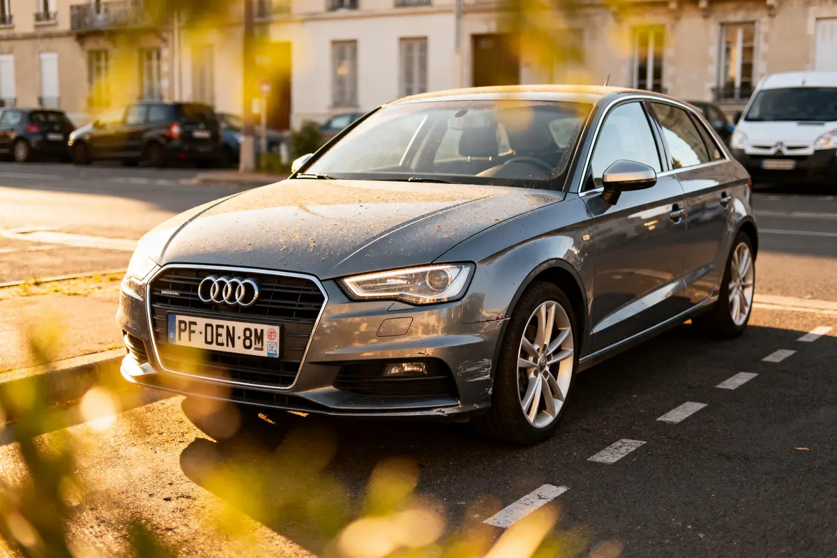 Voiture Audi grise stationnée en extérieur, soleil du soir, arbres flous au premier plan.