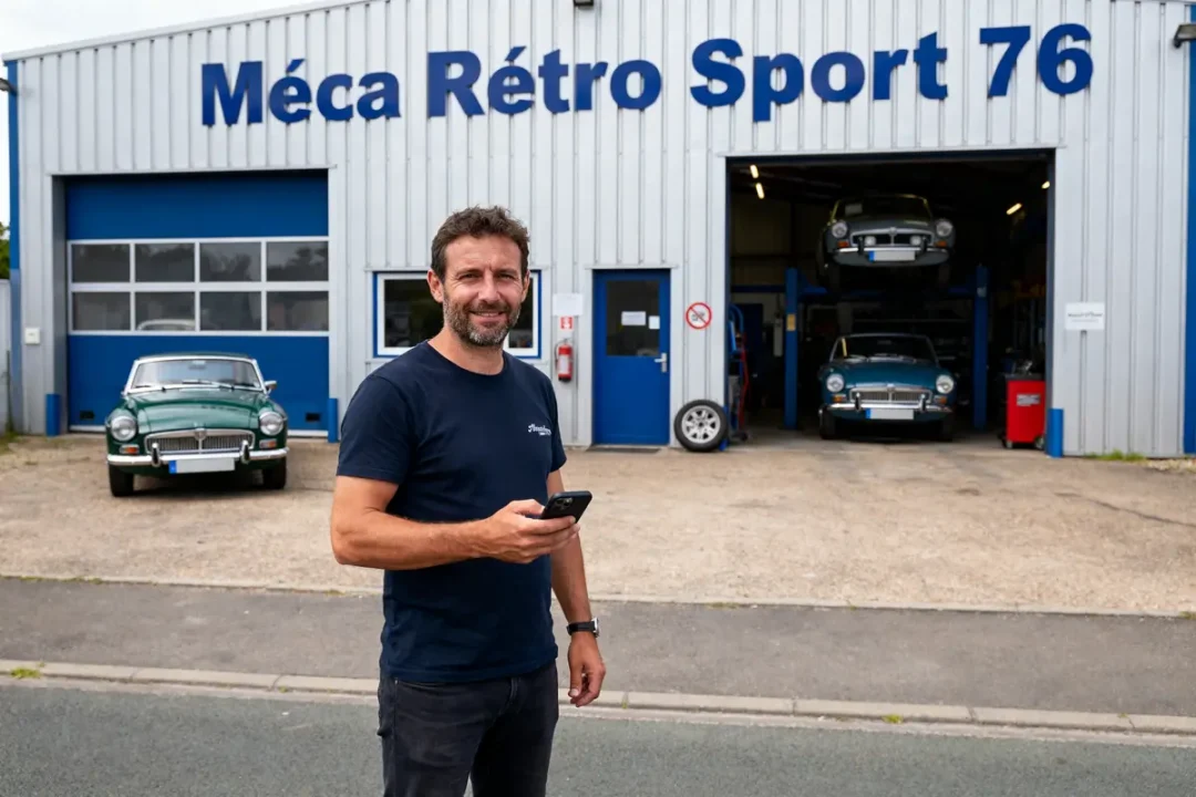 Homme souriant devant garage "Méca Rétro Sport 76" avec voitures classiques garées à l'intérieur et à l'extérieur.