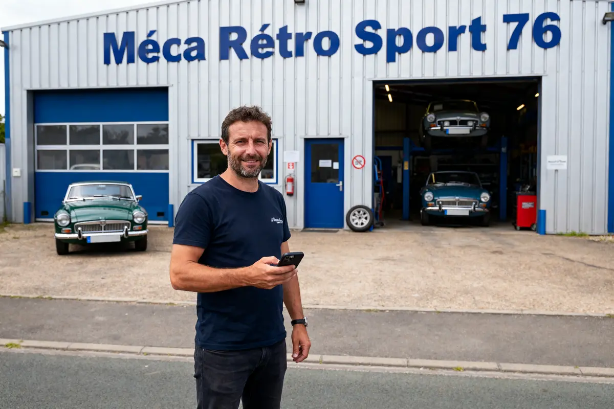 Homme souriant devant garage "Méca Rétro Sport 76" avec voitures classiques garées à l'intérieur et à l'extérieur.