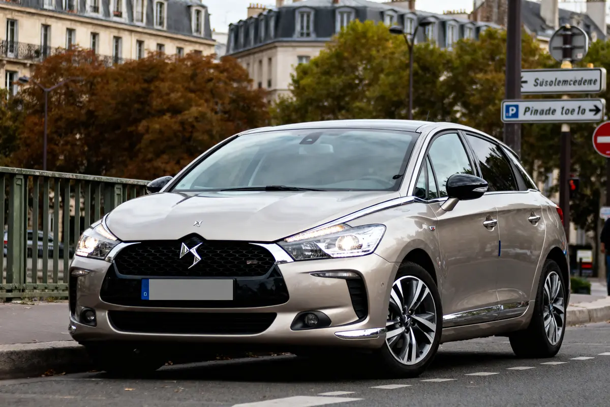 Voiture beige garée en ville devant immeubles parisiens et panneaux de signalisation.