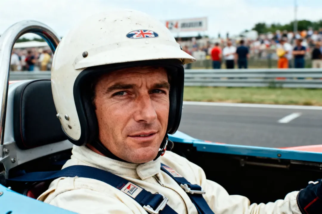 Pilote automobile en combinaison blanche et casque, assis dans une voiture de course, public en arrière-plan flou.
