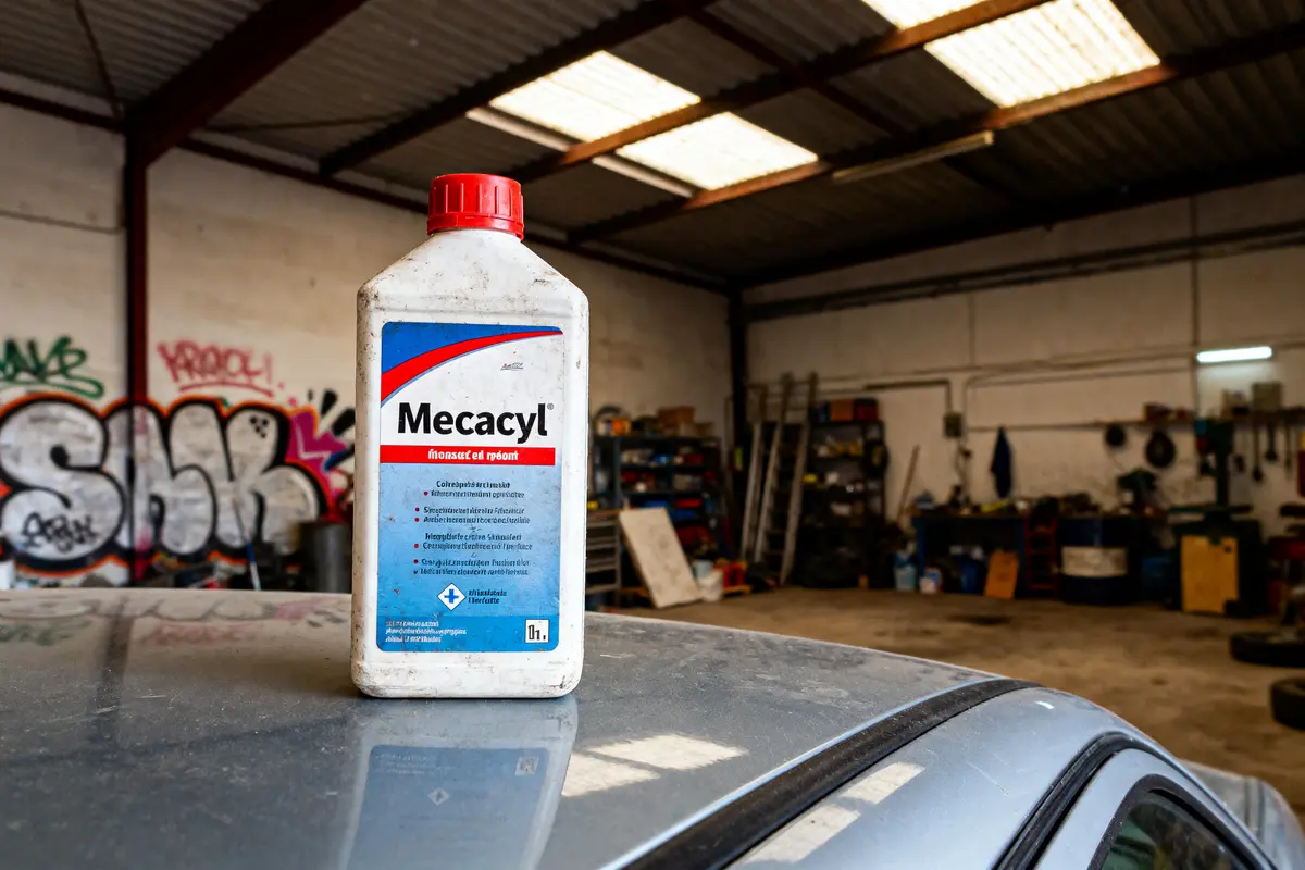 Bouteille Mecacyl sur toit de voiture dans un garage industriel avec graffitis et équipement de réparation.