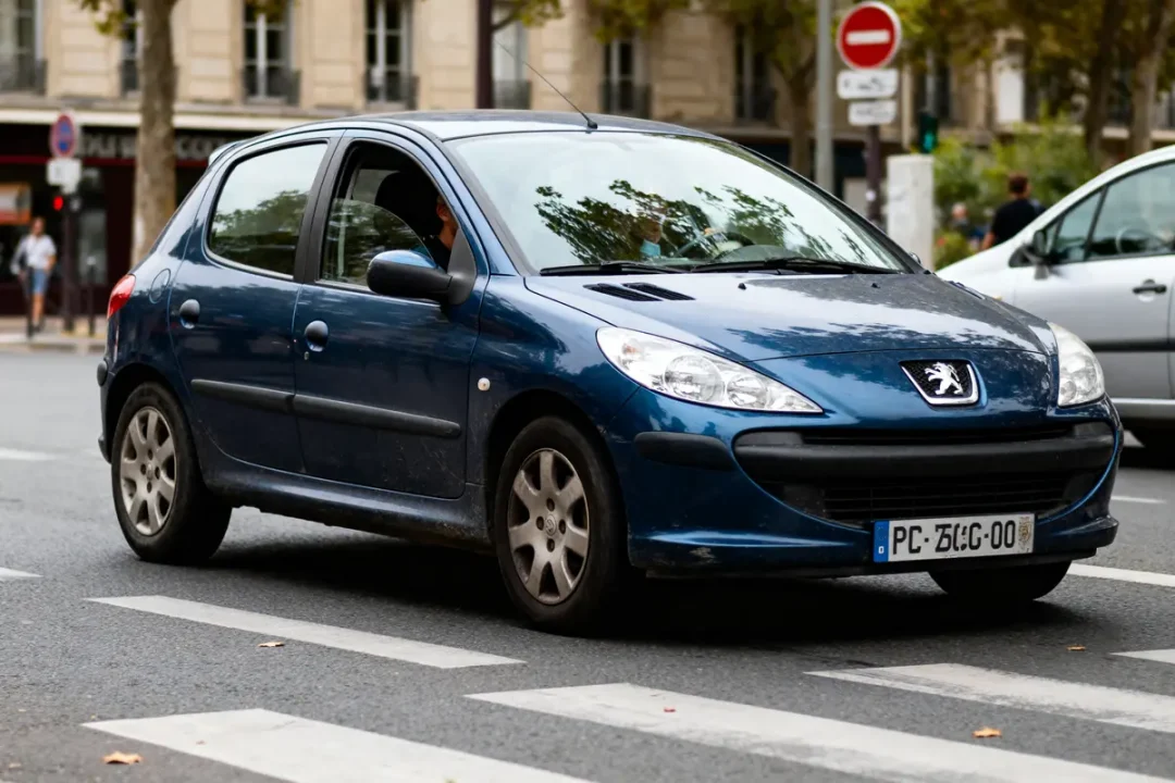 Voiture Peugeot bleue roulant en ville près d'un passage piéton, fond urbain estompé.