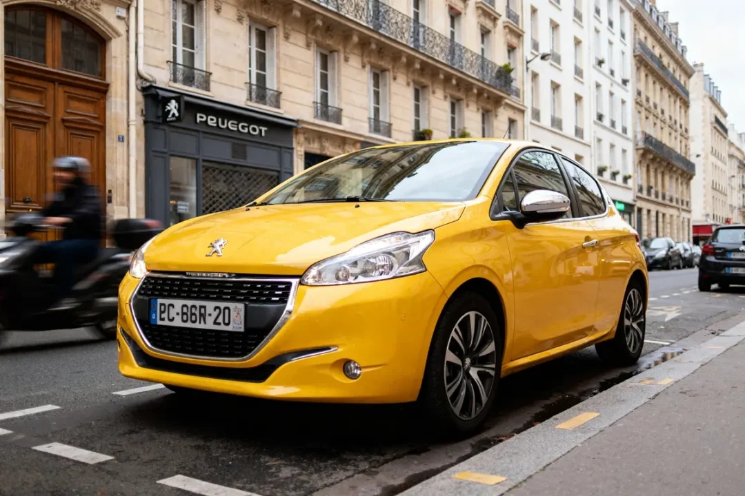 Voiture jaune Peugeot garée dans une rue de Paris, immeubles en arrière-plan, scooter en mouvement.
