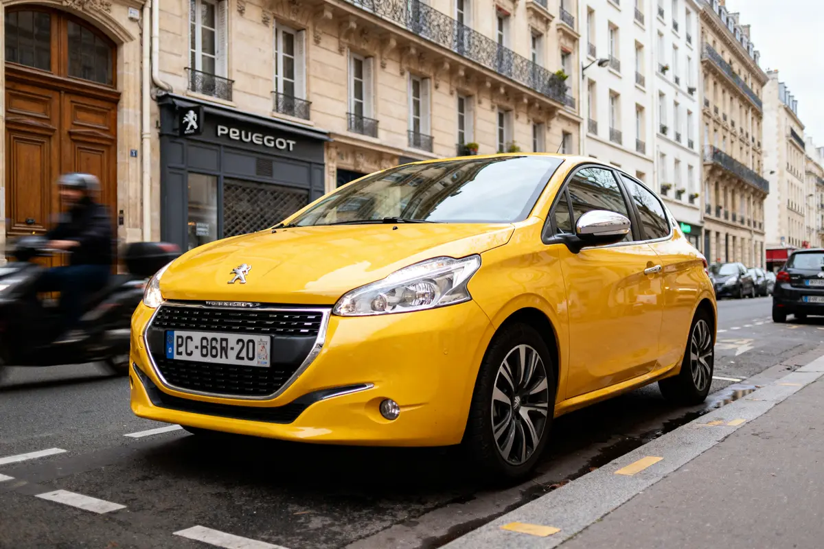 Voiture jaune Peugeot garée dans une rue de Paris, immeubles en arrière-plan, scooter en mouvement.
