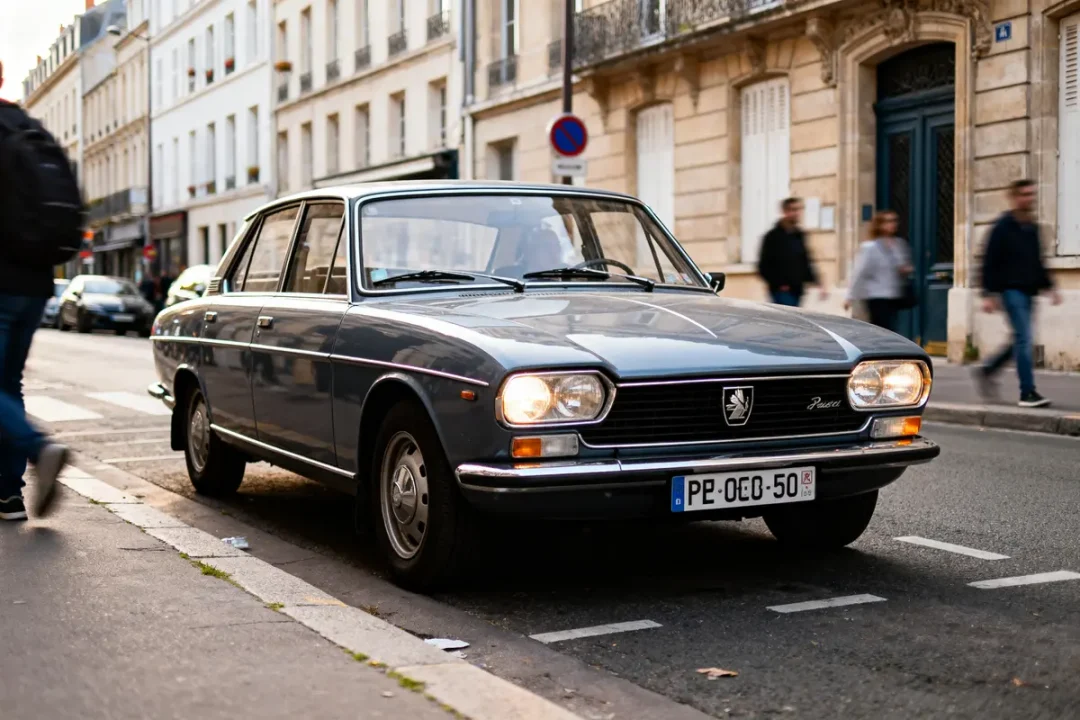 Voiture ancienne gris foncé garée en ville, immeubles et piétons flous en arrière-plan.