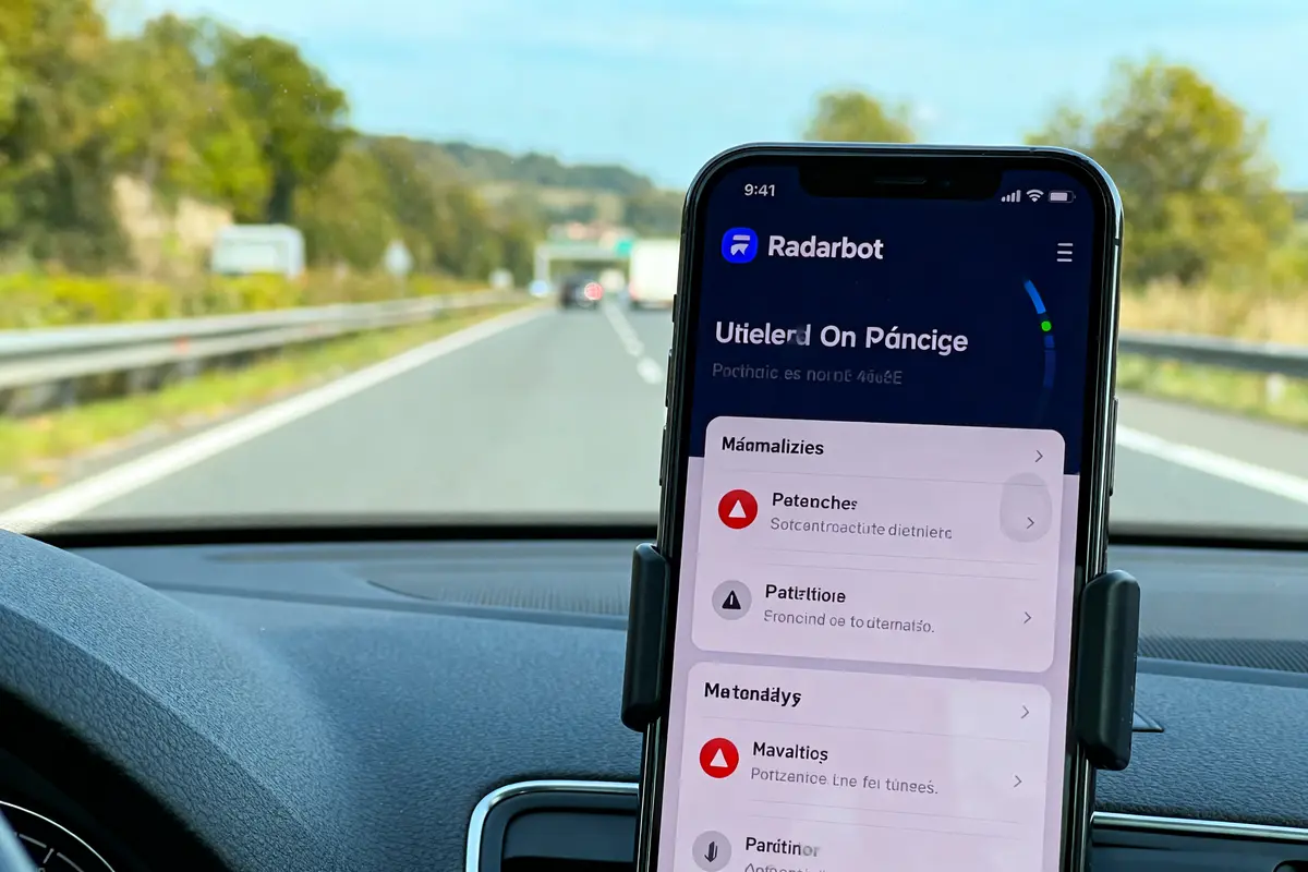 Smartphone avec application "Radarbot" sur support, dans une voiture, sur une autoroute bordée d'arbres.