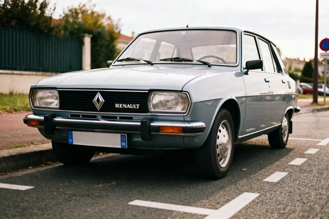 Voiture Renault des années 70, stationnée sur une rue, couleur grise, lumière naturelle.