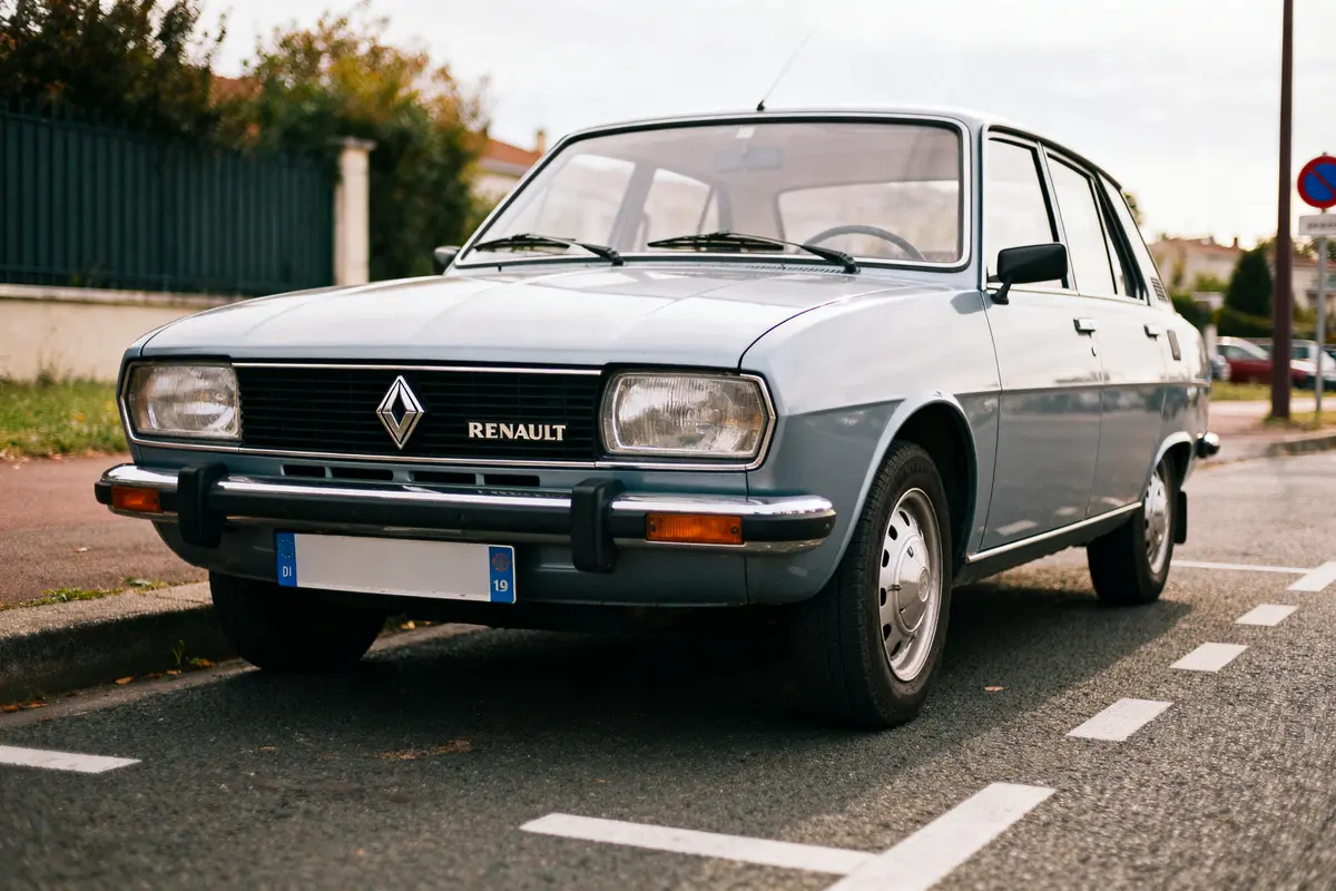 Voiture Renault des années 70, stationnée sur une rue, couleur grise, lumière naturelle.