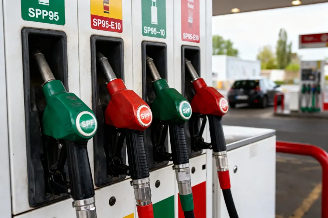 Quatre pompes à essence avec étiquettes SP95, SP95-E10, SPP95-E10 dans une station-service.