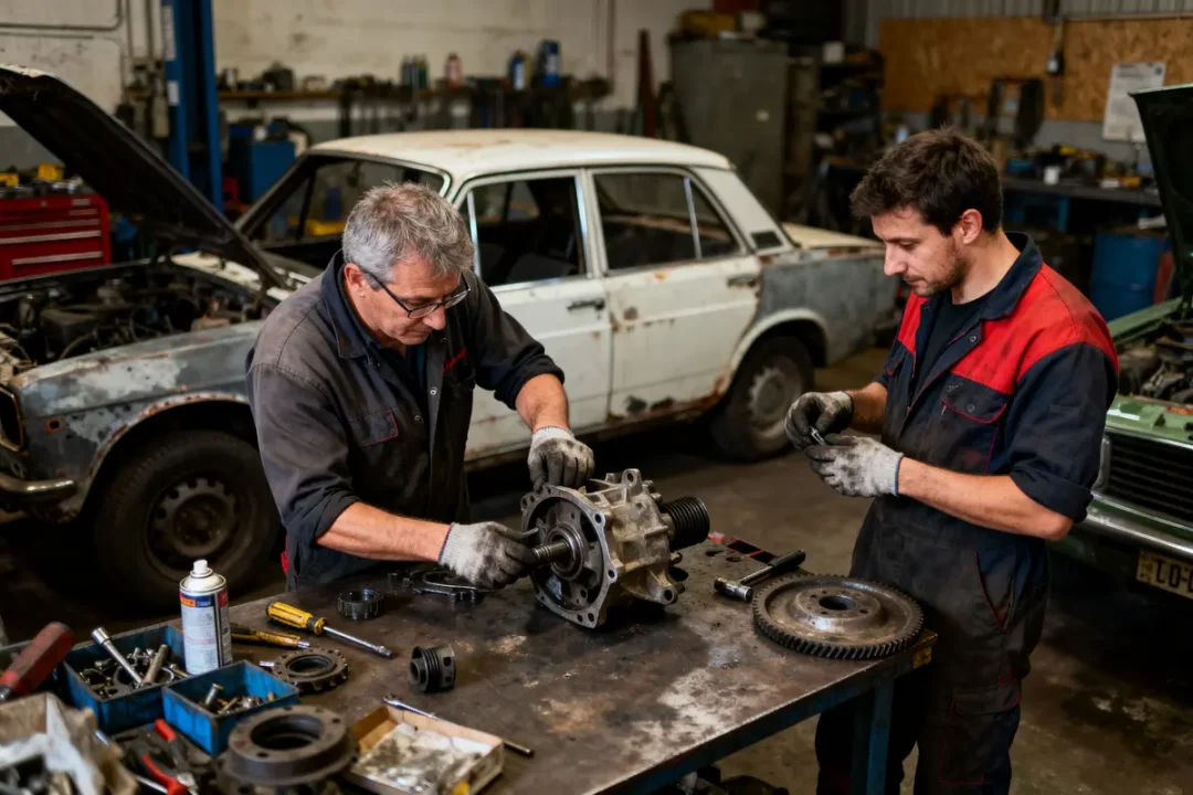 Deux mécaniciens travaillent sur une pièce automobile dans un atelier, entourés de voitures anciennes et outils.