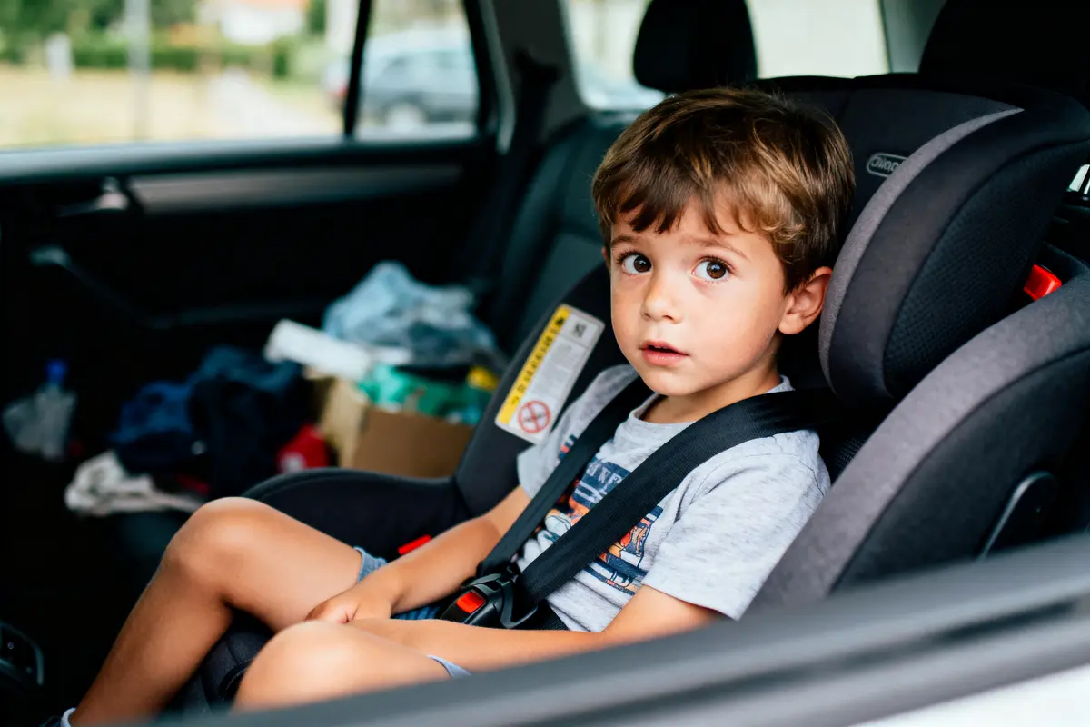 Un enfant assis dans un siège auto, attaché, regarde par la fenêtre dans une voiture désordonnée.