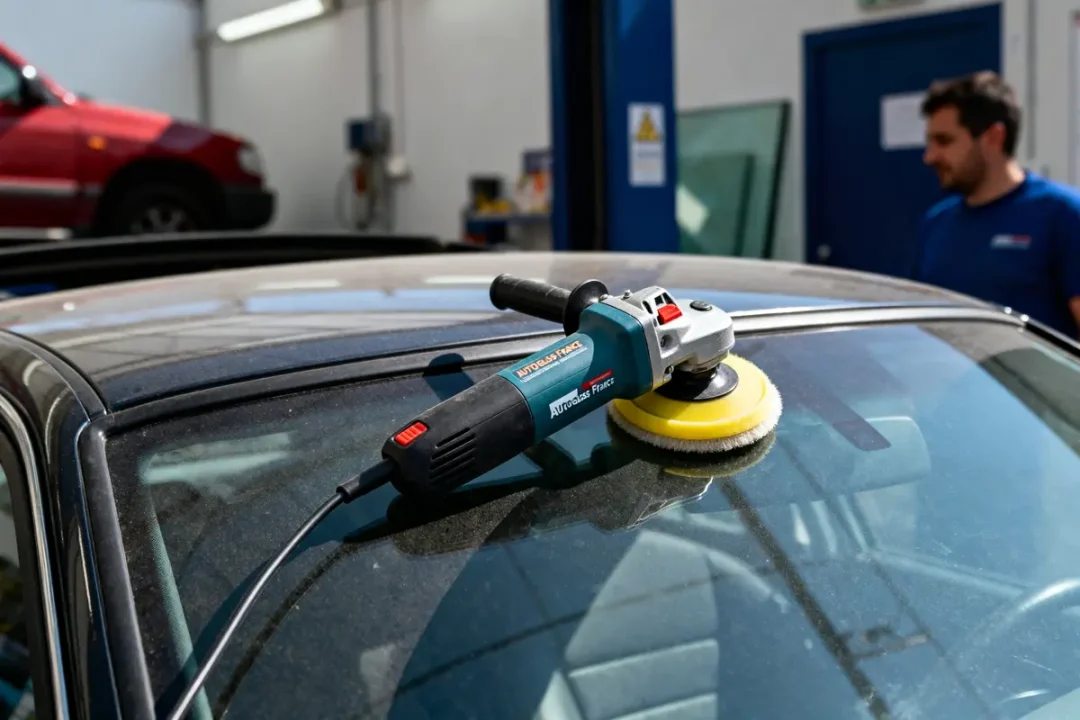 Outil de polissage électrique sur toit de voiture, homme flou en arrière-plan, intérieur garage automobile.