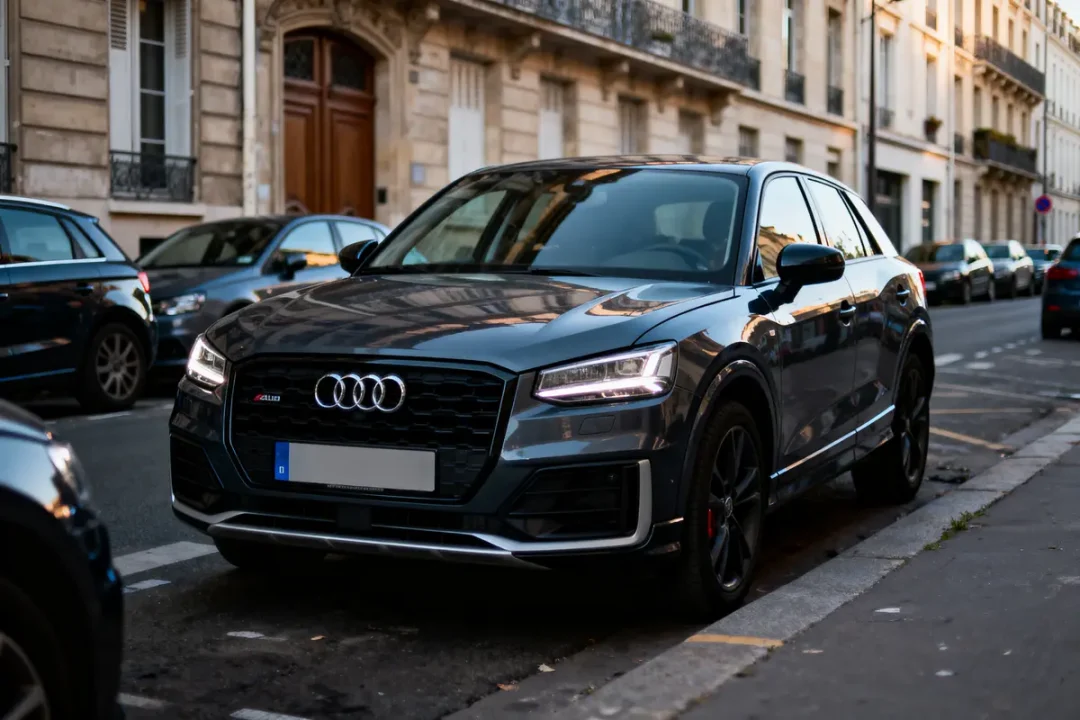 Voiture Audi noire garée dans une rue urbaine bordée d'immeubles en pierre.