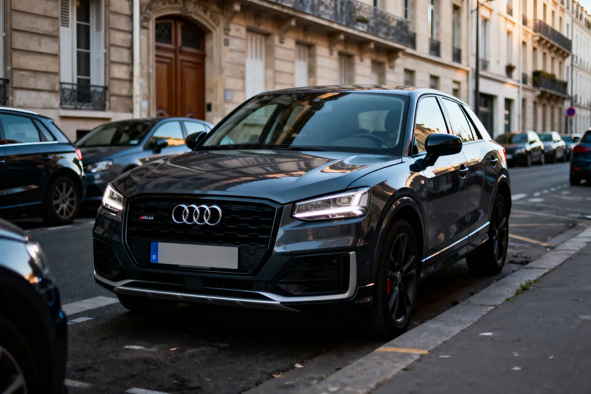 Voiture Audi noire garée dans une rue urbaine bordée d'immeubles en pierre.