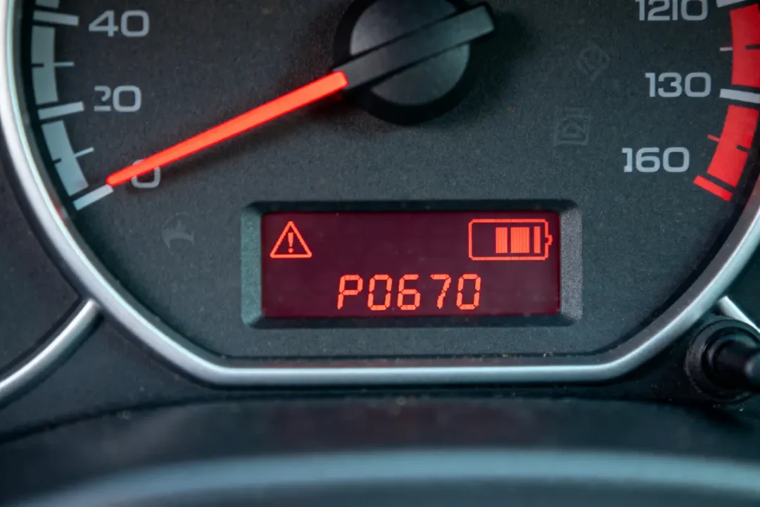 Tableau de bord de voiture avec code d'erreur P0670 et indicateur de batterie rouge.