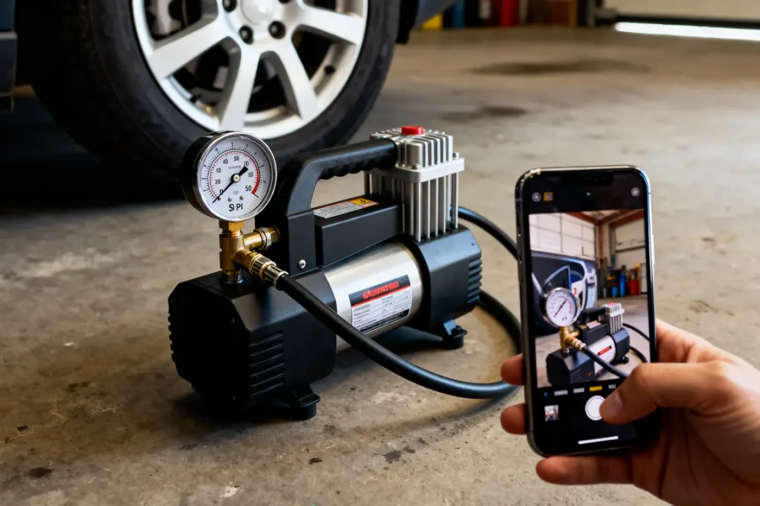 Compresseur d'air avec manomètre, photographié près d'une roue de voiture, visible sur un smartphone.