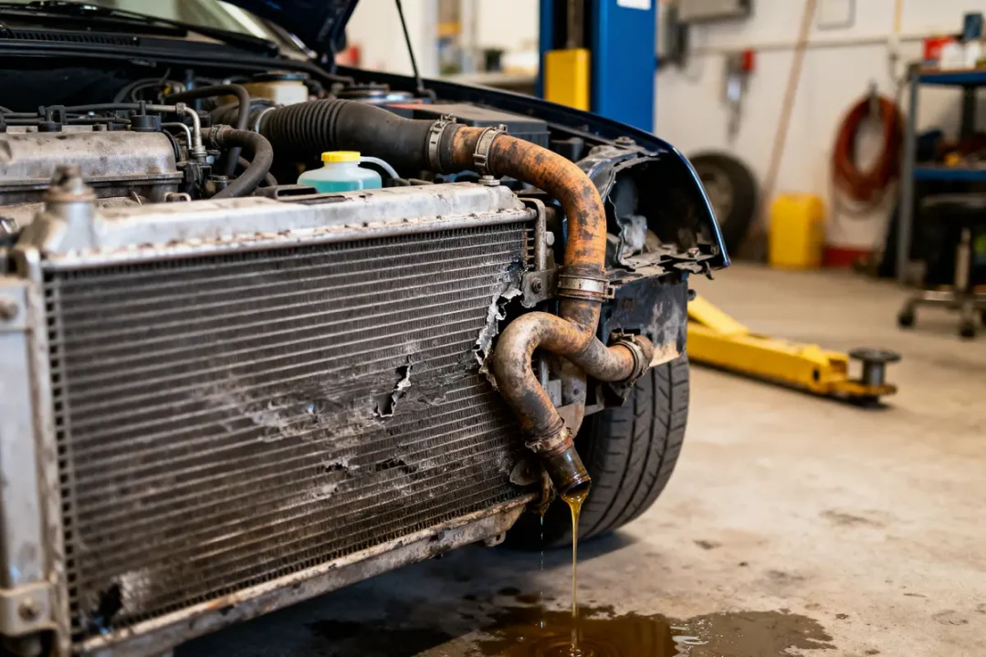 Radiateur de voiture endommagé, rouillé, fuite de liquide dans un atelier mécanique.